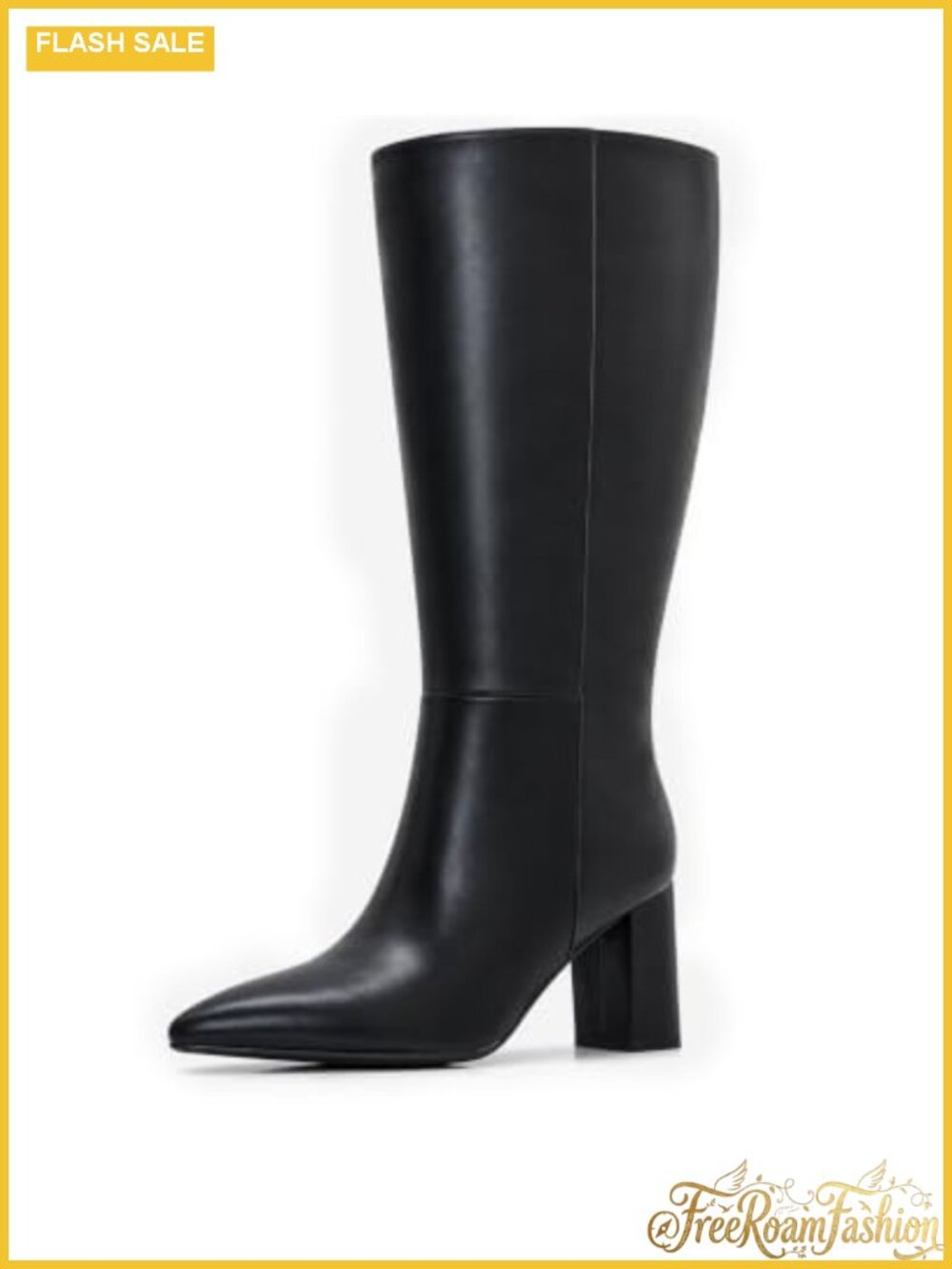 Wide Calf Knee High Boots Women Faux Leather Chunky Heel Pointed Toe Tall Boots